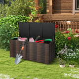 Wicker storage box shown with lockable lid closed