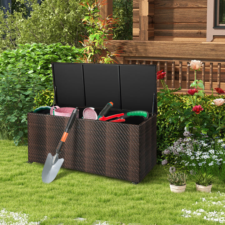 Wicker storage box shown with lockable lid closed