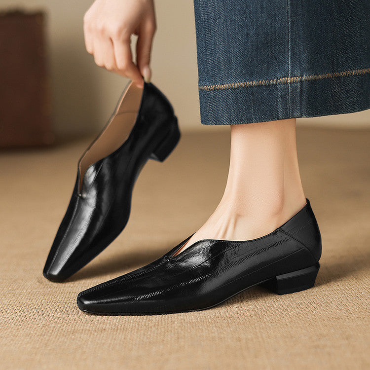 Womens Square Toe Chunky High Heel Slip On Fashion Shoes