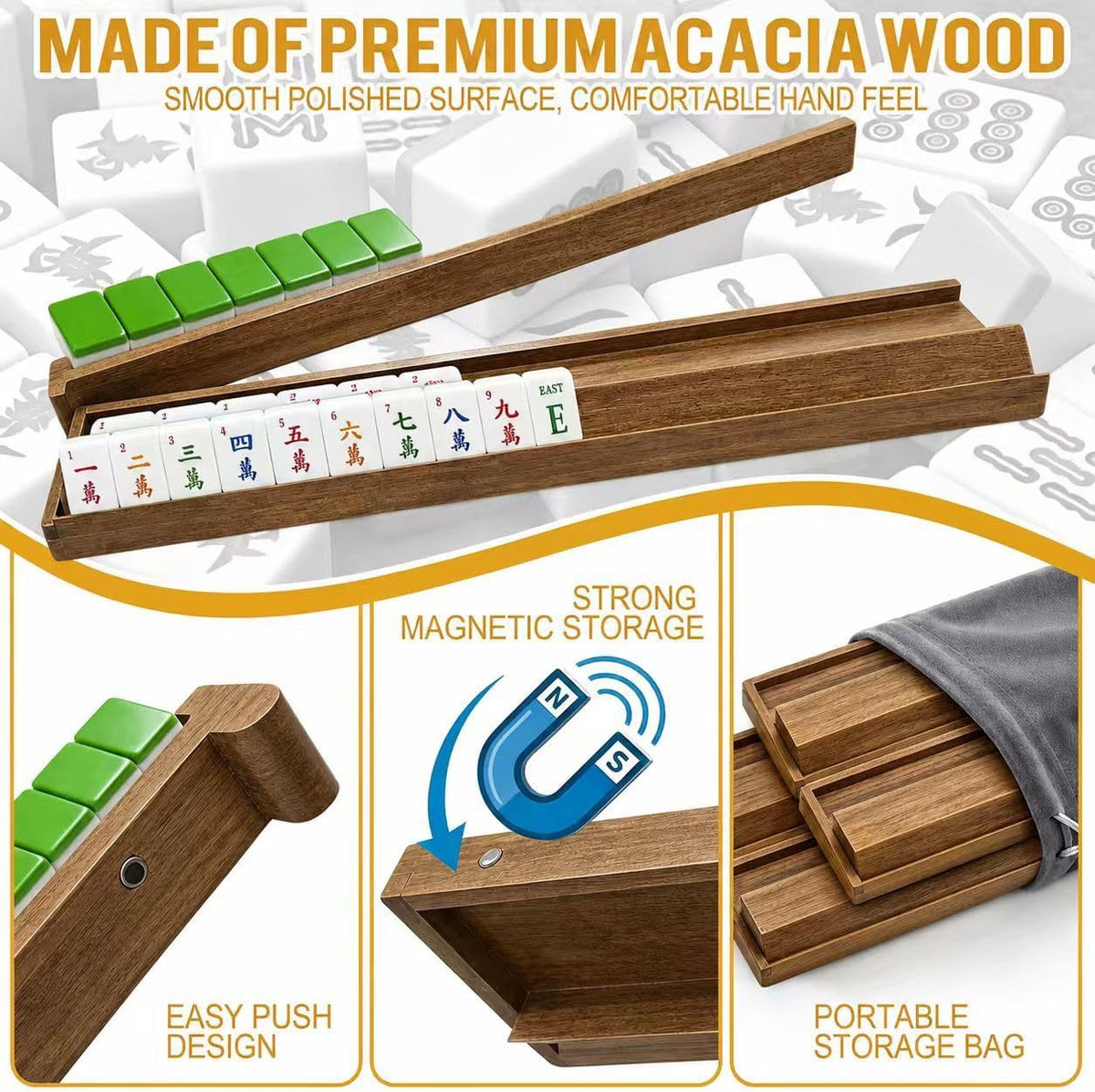 Solid Wood Mahjong Rack with Push Rod and Game Tray
