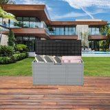 Patio storage box with lid open showing cushion storage