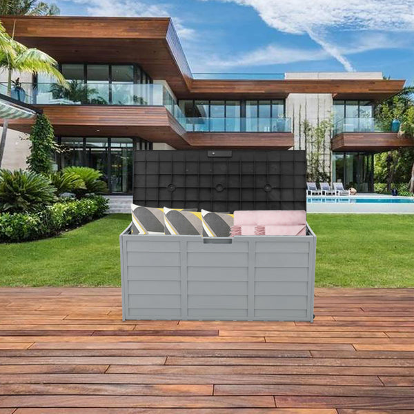 Patio storage box with lid open showing cushion storage