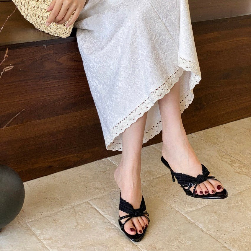 Women's Lace Bow Thin Heel PU Sandals Summer Pointed Toe Outdoor Slides
