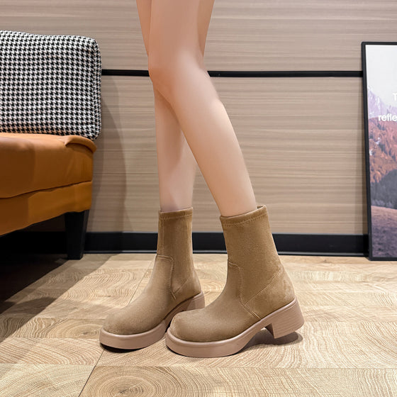 Women's Suede Ankle Boots Retro Round Toe Chunky Heel Riding Boots
