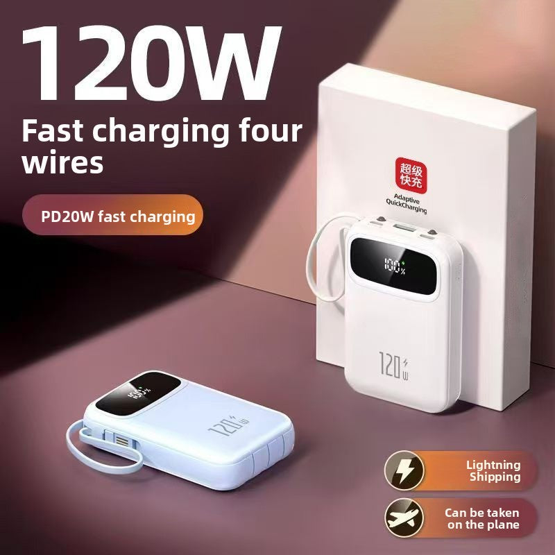 Large-capacity, compact power bank with built-in cable