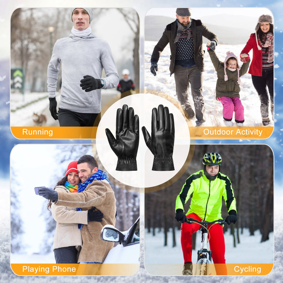 Collage of people wearing black gloves outdoors in winter