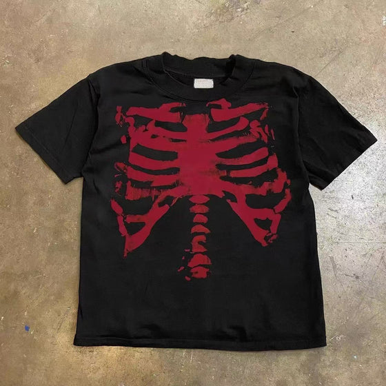 Milk Silk Vintage Black Red Skull Print Dark Gothic Short-sleeved T-shirt