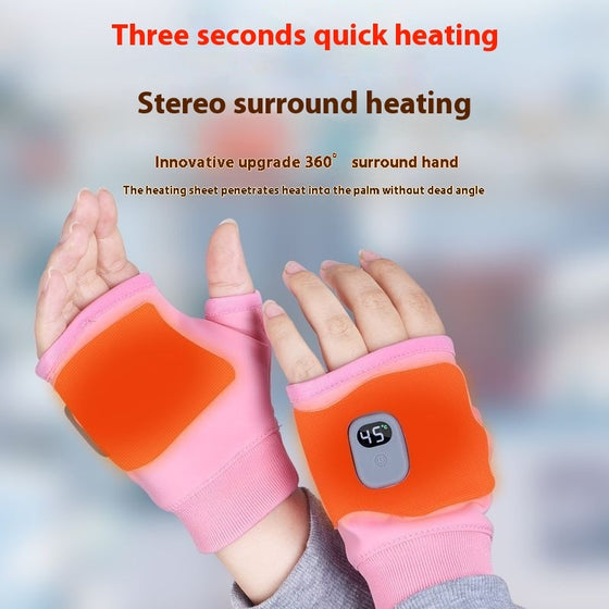Pink heated gloves with orange heating zone shown on the back of the hand