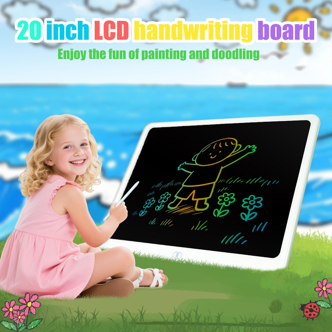 Girl drawing a rainbow-line picture on a white 20 inch LCD writing tablet