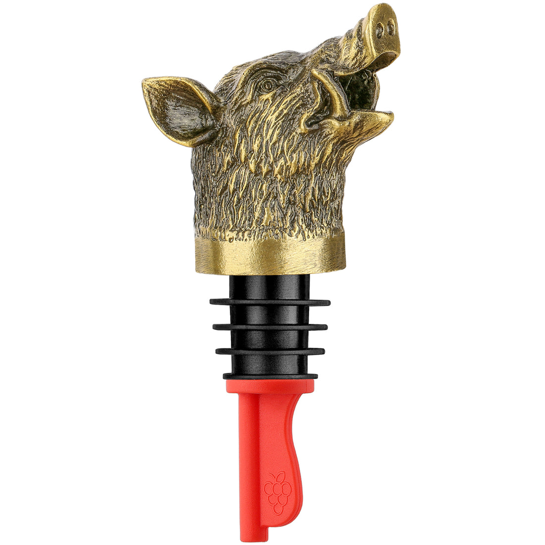 Bronze wild boar head pourer with red flip-top spout, front view