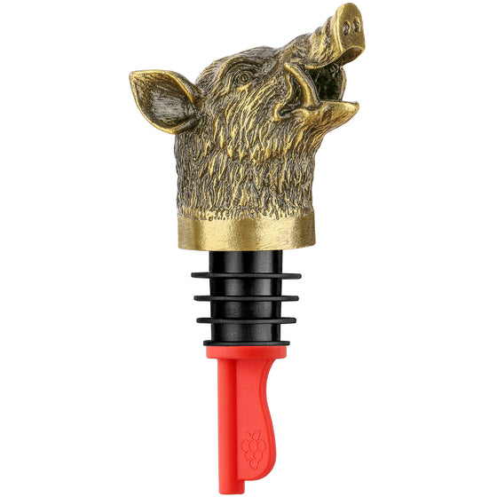 Bronze wild boar head pourer with red flip-top spout, front view