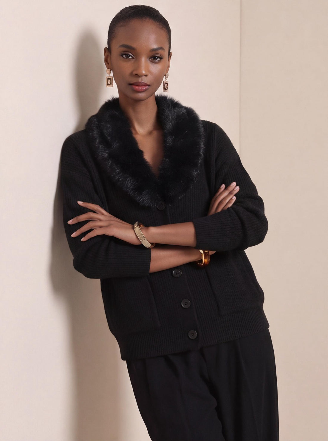 Women's Solid Knit Cardigan with Fur Collar Long Sleeve