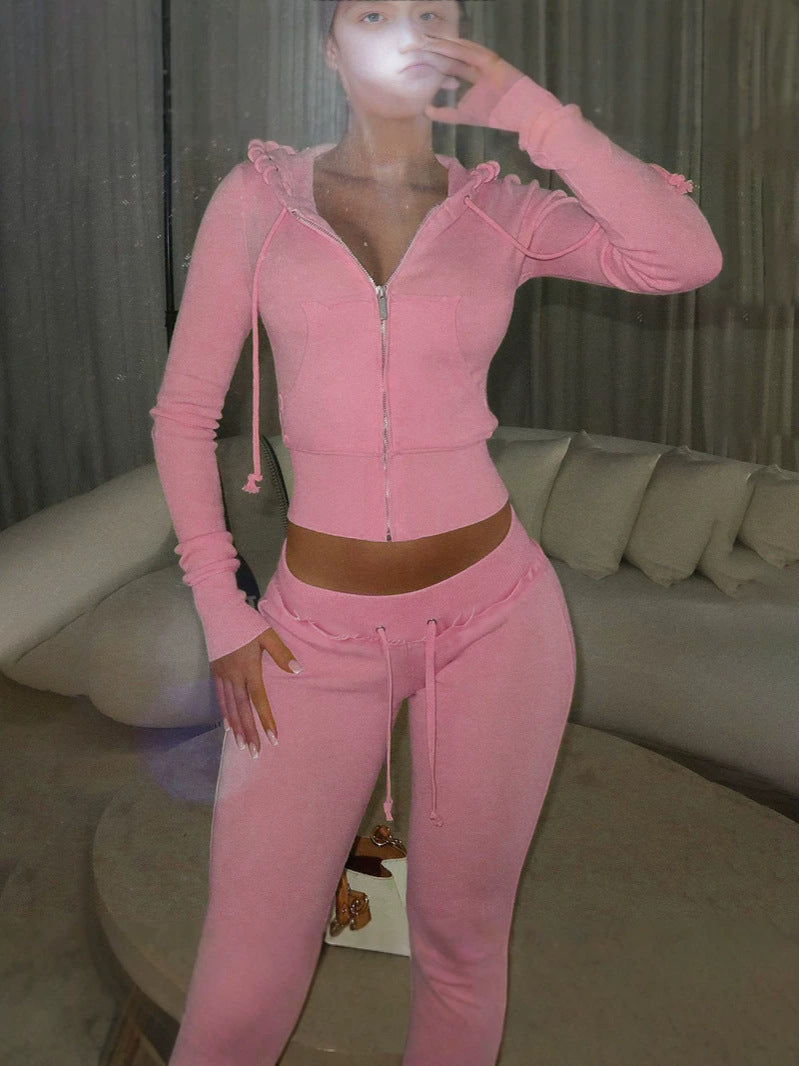 Women's cropped zip-up hoodie and flared pants matching set, photo 2