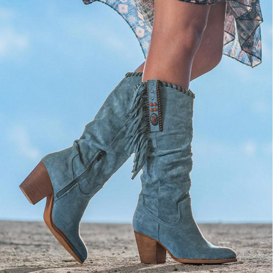 Women's high-heeled matte high-tassel boots
