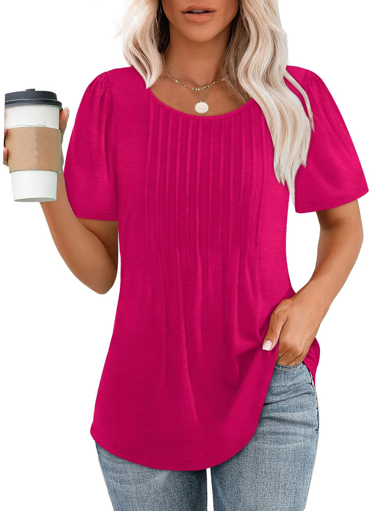Womens Pleated Round Neck T-Shirt