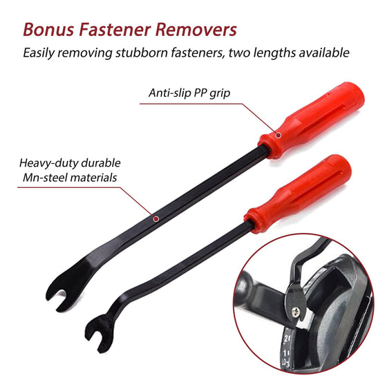 Two steel fastener remover tools with red grips