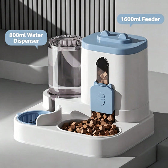 Blue gravity pet feeder with 1600 ml food hopper and 800 ml water bottle