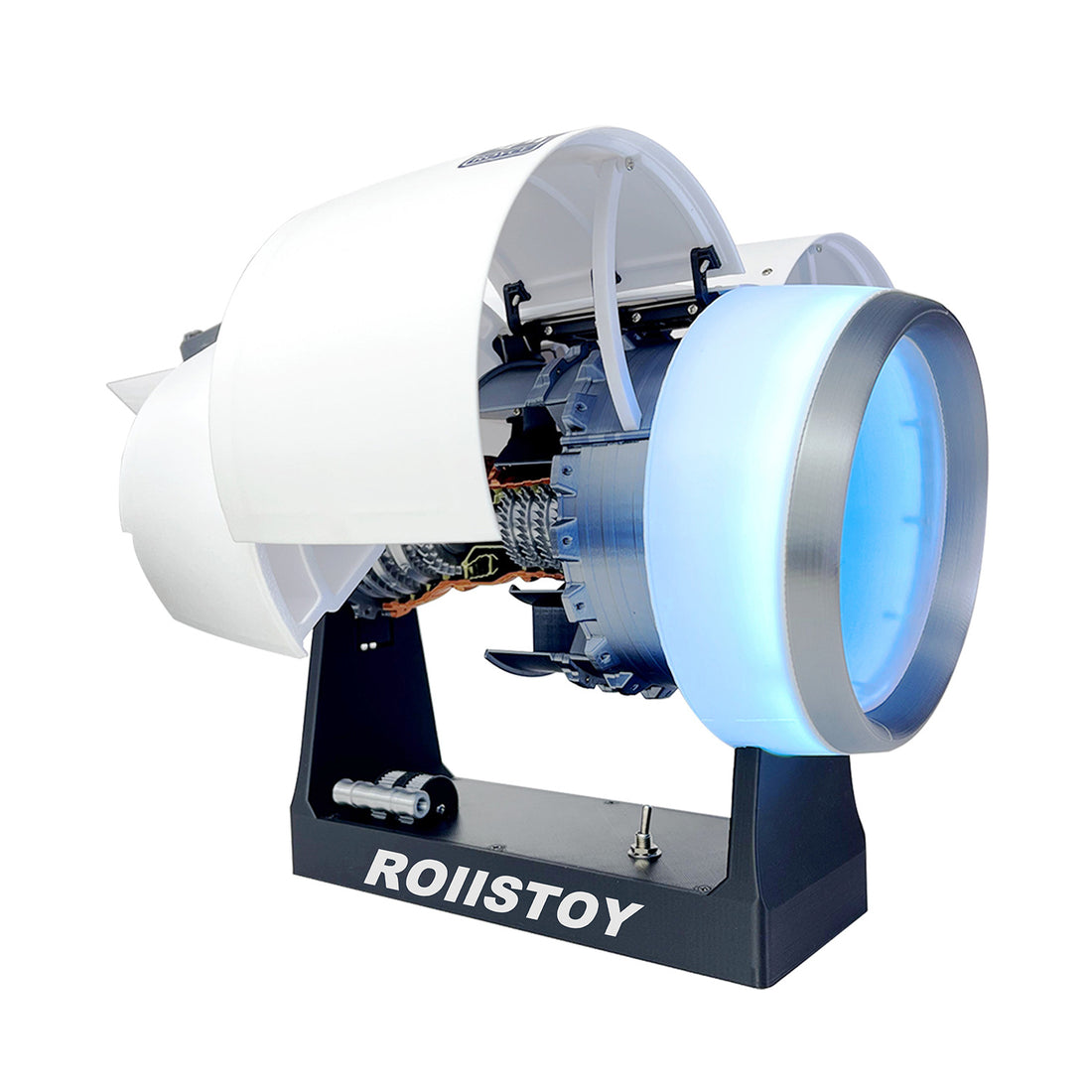 Cutaway turbofan jet engine model with a glowing blue ring on a stand