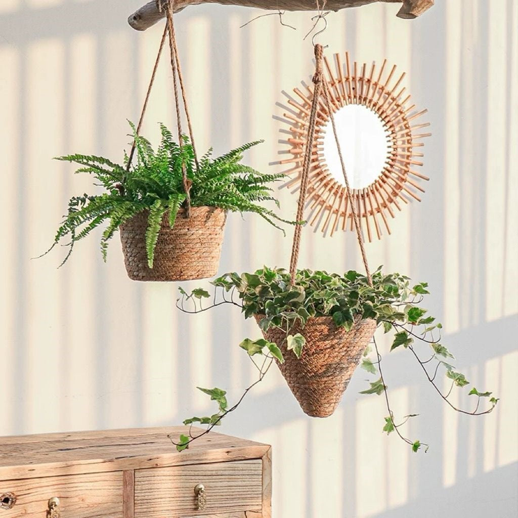 Hand-woven natural vine hanging planter basket with green plants, photo 5