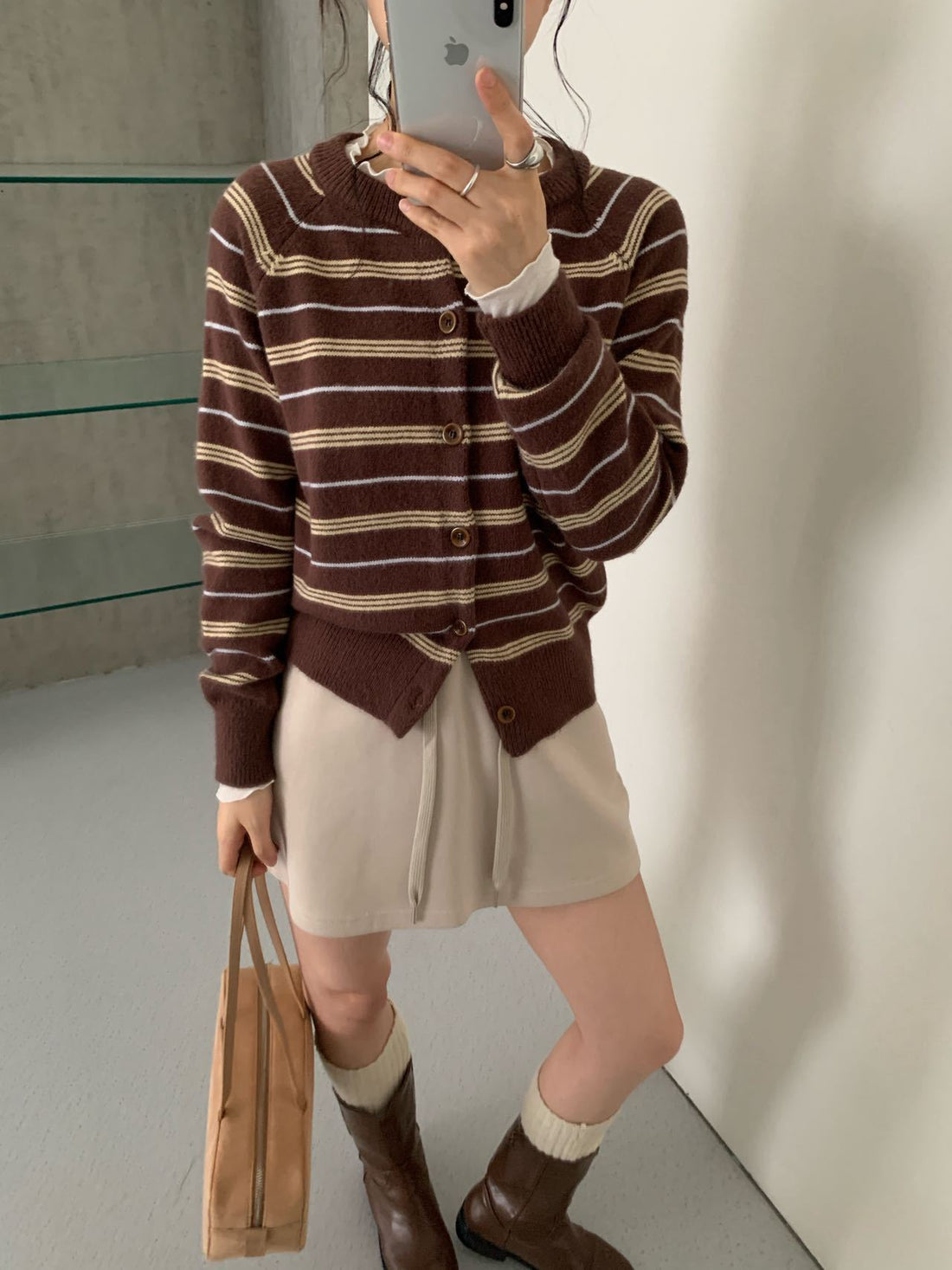 Women Retro Color Block Striped Knit Cardigan Round Neck Long Sleeve Slimming Sweater