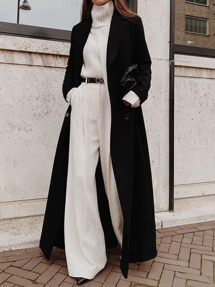 Long Wool Blend Coat with V-Neck