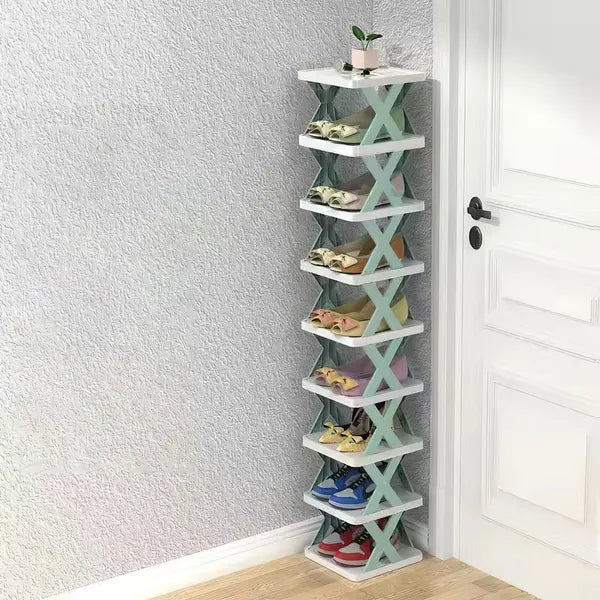 9-tier narrow shoe rack organizer full view in blue
