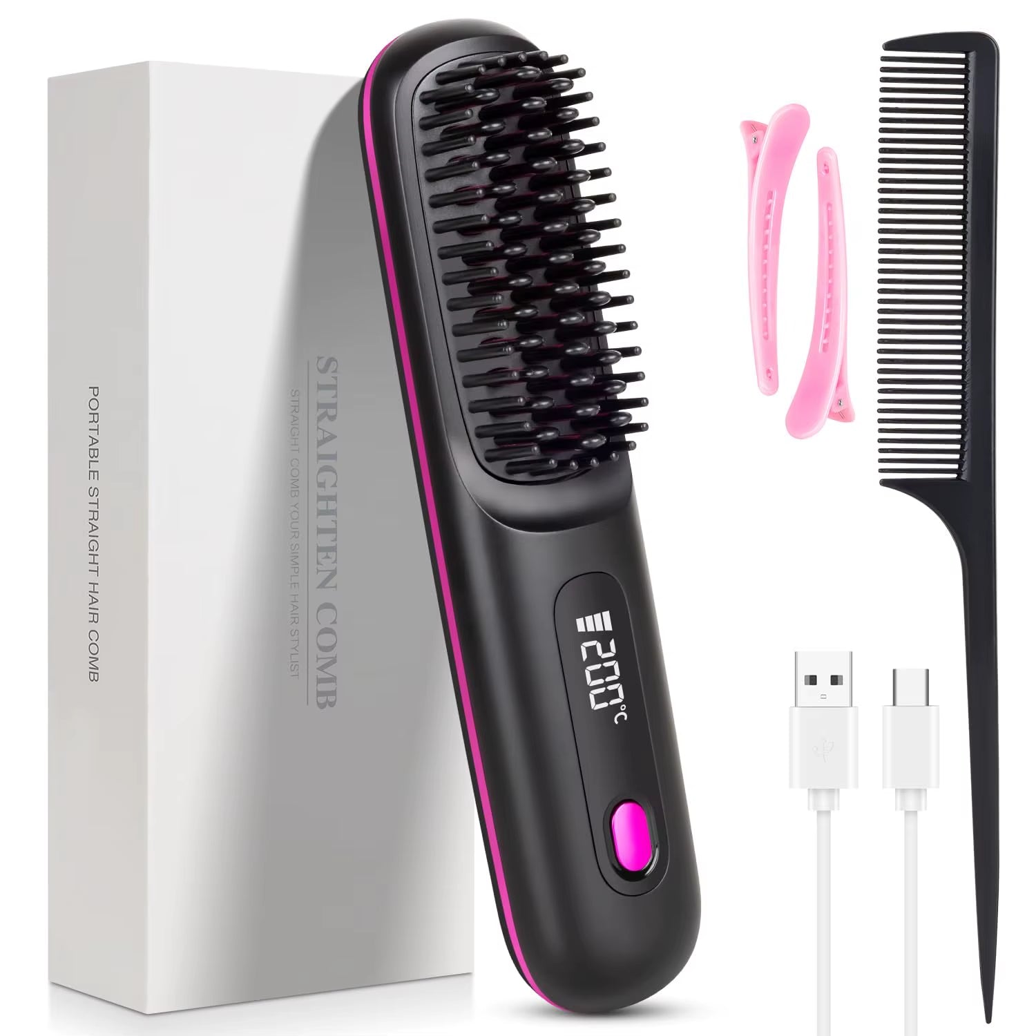 USB Charging Portable Hair Straightener Brush, Cordless Straightening Comb LED Display & Ceramic Coating, Ionic Technology