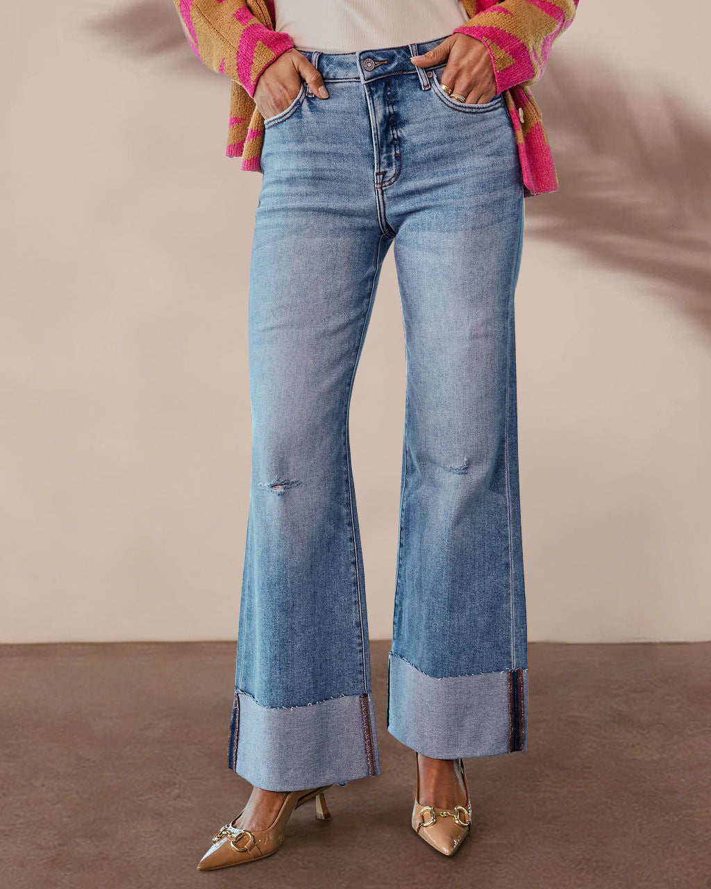Women's High-Waisted Wide-Leg Washed Denim Jeans with Ripped Details