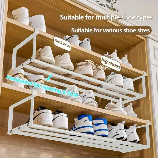 Adjustable stackable iron shoe rack in a closet