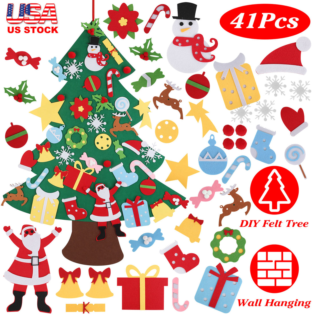 DIY felt Christmas tree with 41 felt ornaments laid out around it
