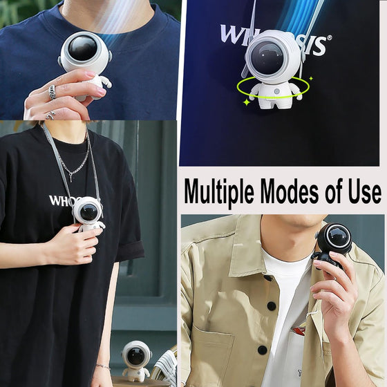 People wearing and holding the astronaut neck fan in different modes