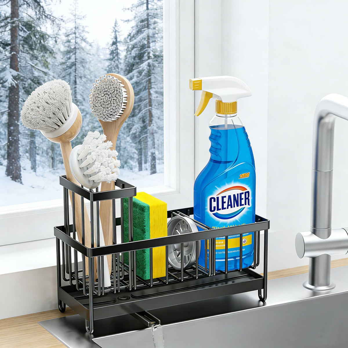Kitchen sink sponge organizer with drainage