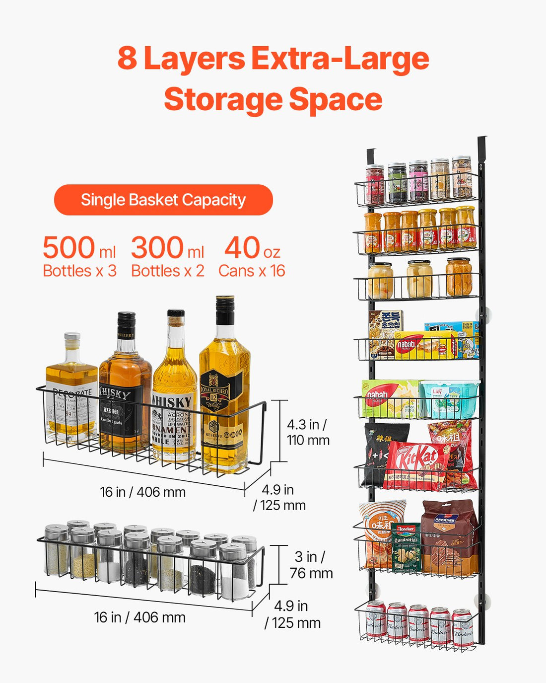 Basket sizes and capacity for the 8-tier organizer