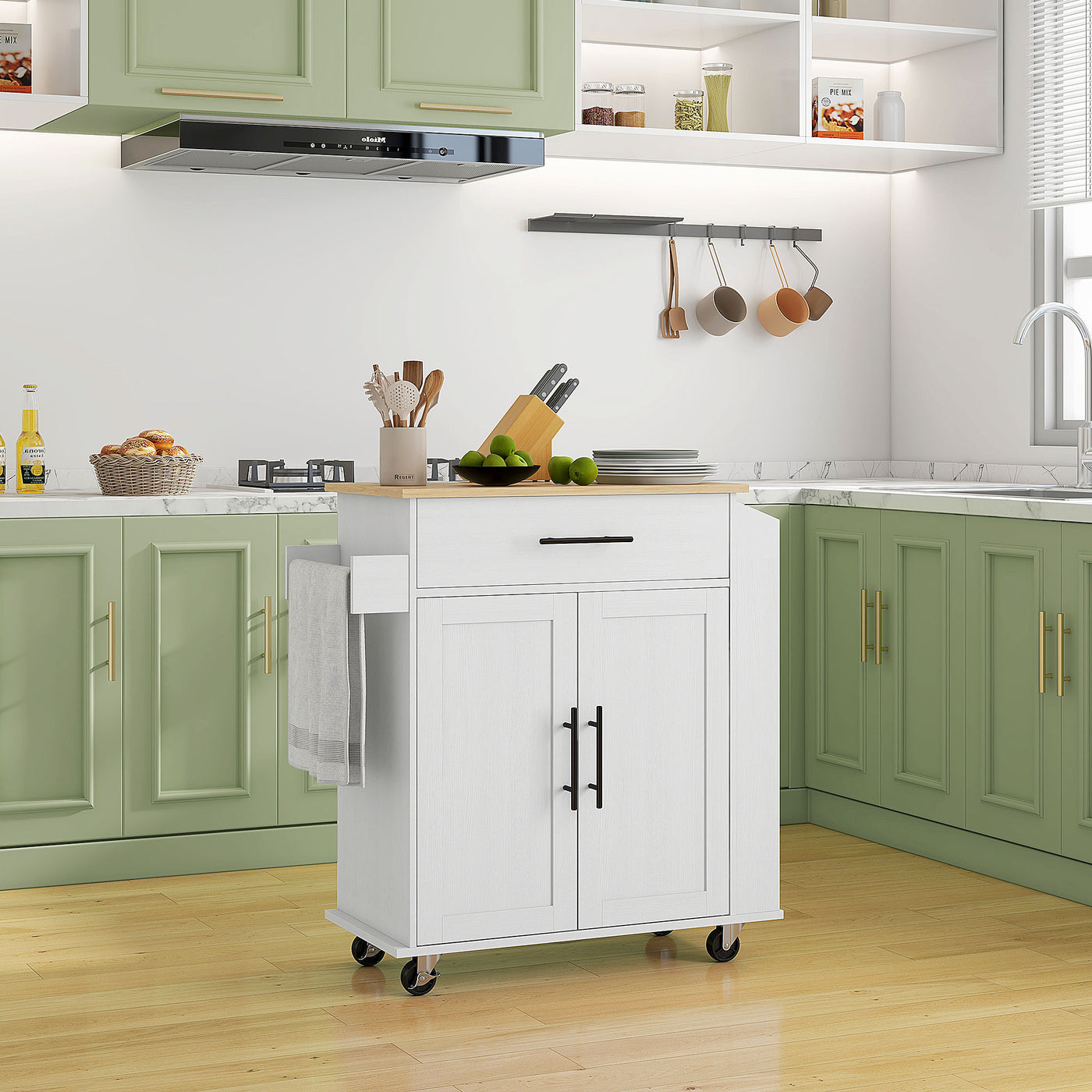 Kitchen island on wheels with power outlets in white