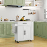 Kitchen island on wheels with power outlets in white