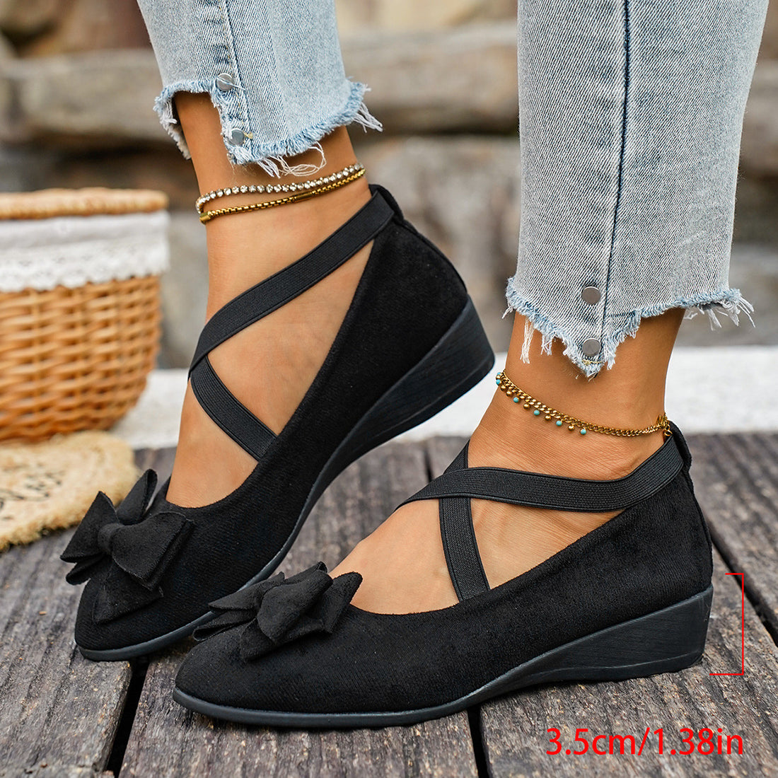 Women's casual wedge shoes with cross strap and bow, photo 2