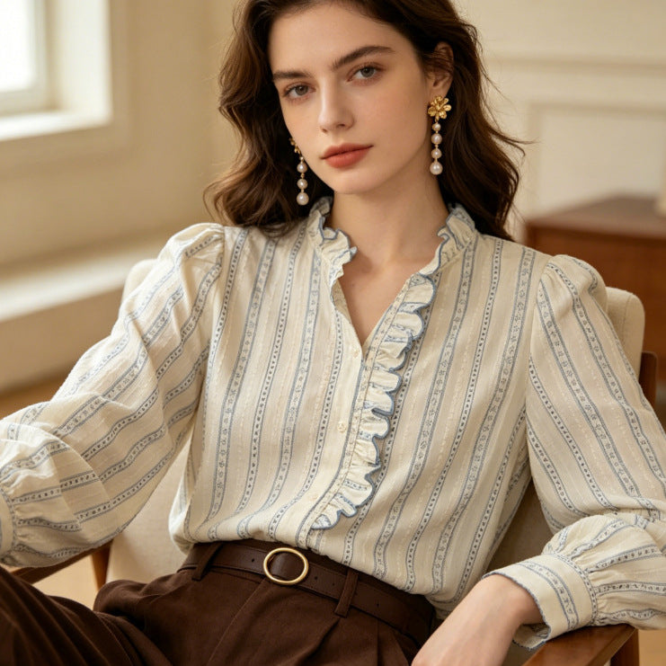 Women's 100% Cotton Ruffled Stand Collar Striped Long Sleeve Blouse