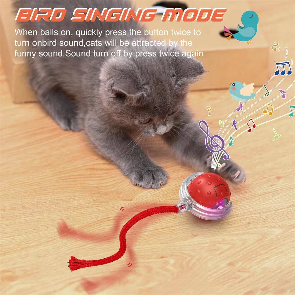 Interactive Cat Toy Ball USB Rechargeable Motion Activated Automatic Ball Waving Tail with Bird Chirp Sound for Indoor Cats