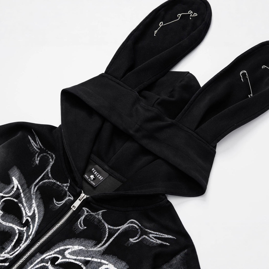 Women Y2K Pin Graffiti Rabbit Ears Hooded Sweatshirt Autumn Streetwear