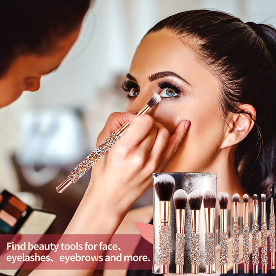 Woman applying eyeshadow with a rhinestone brush, brush set beside her