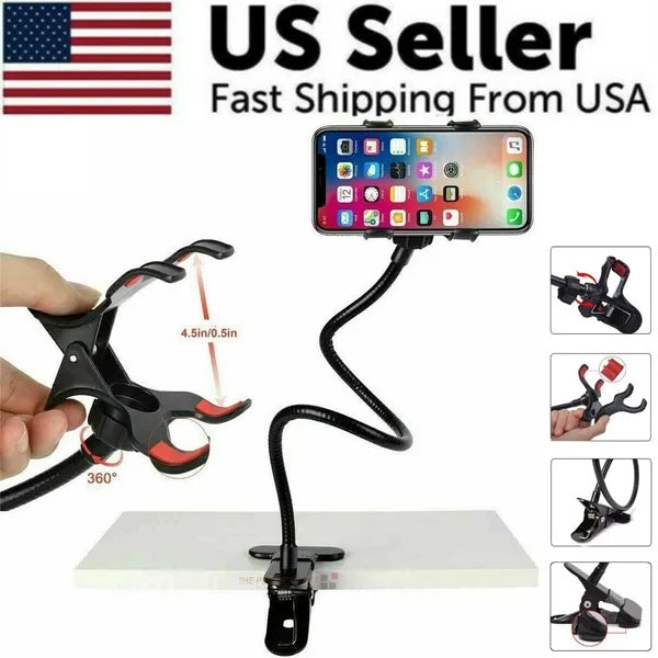 Gooseneck phone holder clamped to a bed frame, front view
