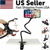 Gooseneck phone holder clamped to a bed frame, front view