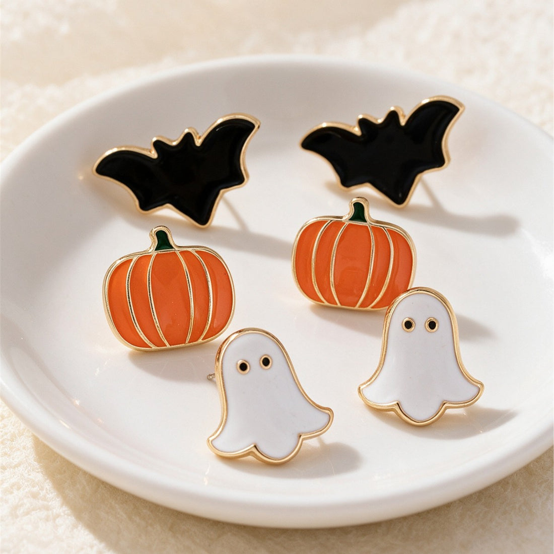 Halloween cute fun pumpkin ghost bat oil earrings three-piece set