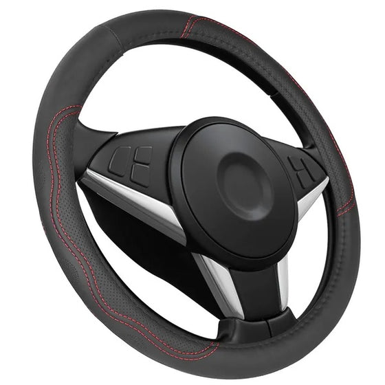 Black faux leather steering wheel cover, angled view