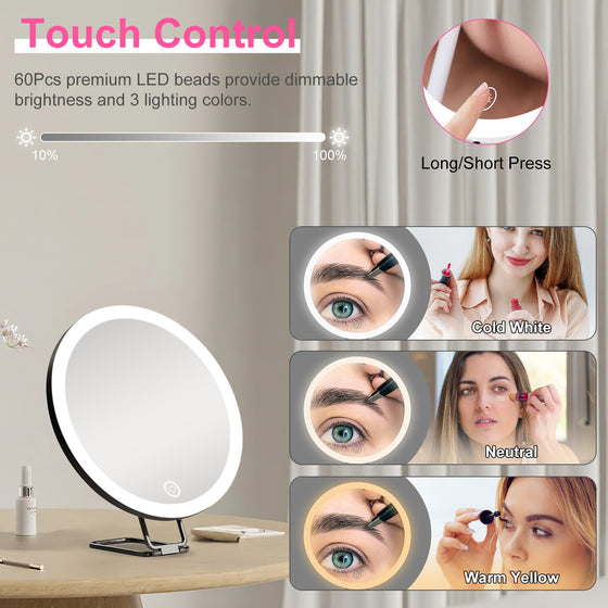 Magnifying mirror touch control with cool, neutral and warm light examples