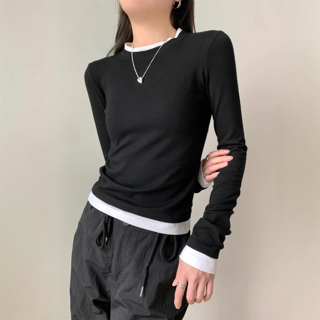 Women's Faux Two-Piece Long Sleeve Slim Fit T-Shirt Tee