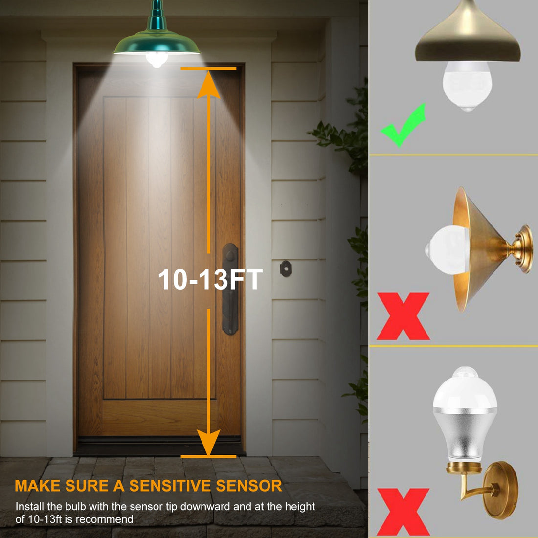 Install height guide of 10-13 ft with correct and wrong sensor positions
