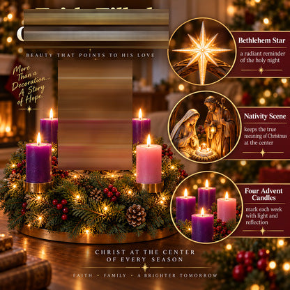Lighted Christmas Advent wreath with Nativity scene centerpiece, photo 4