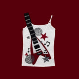 Y2K Guitar Rhinestone Camisole Top with Heart Star Print