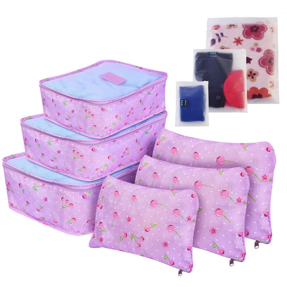 Purple cherry print packing cubes and pouches